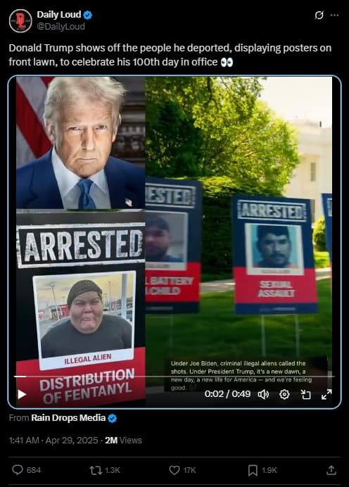Donald Trump shows off the people he deported displaying posters on front lawn,to celebrate his 100th day in office