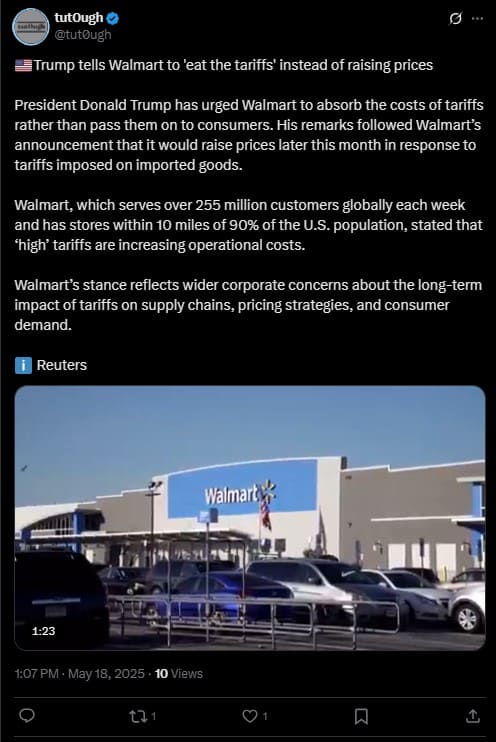 Trump Says Walmart Should Cover Tariffs Not Raise Prices