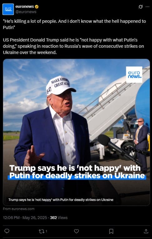 Trump says he is not happy with Putin for deadly strikes on Ukraine