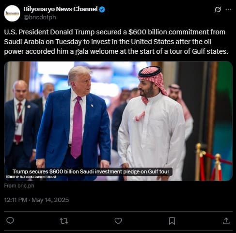 U.S. President Donald Trump secured a $600 billion commitment from Saudi Arabia on Tuesday to invest in the United States