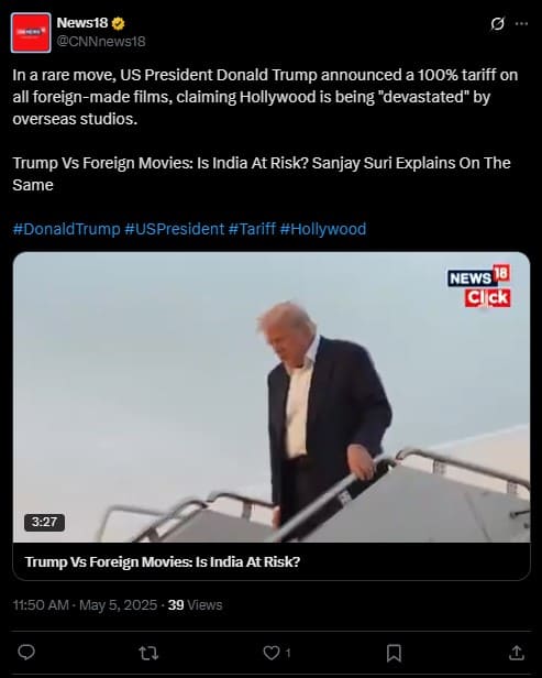 US President Donald Trump announced a 100 tariff on all foreign-made films, claiming Hollywood is being devastated by overseas studios.